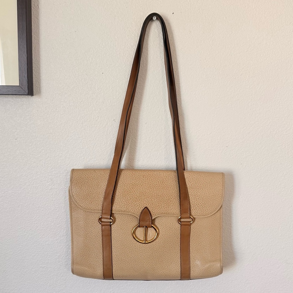 Christian Dior Vintage Tan Leather Double Handle Shoulder Bag with Gold CD Logo